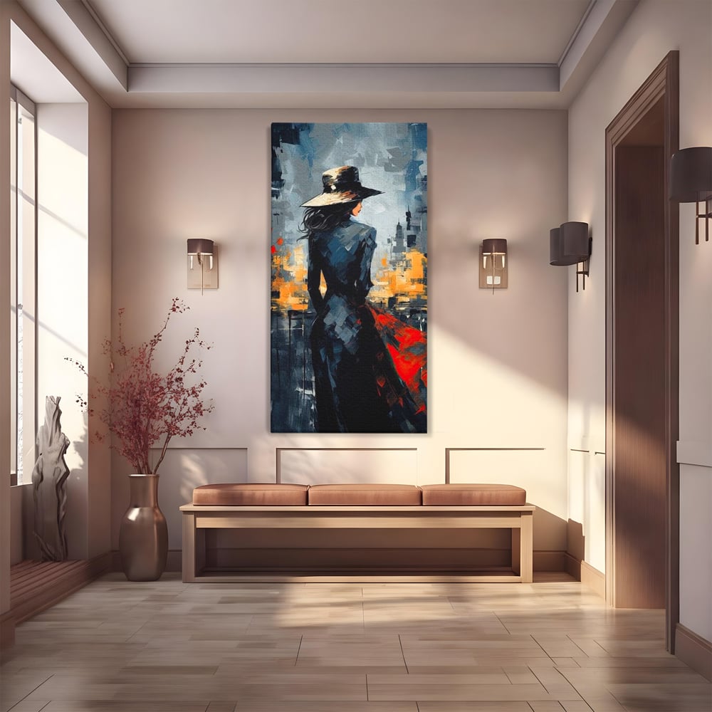 Tablou canvas cu tablou canvas cu femeie in palarie si oras, fara rama, pe sasiu de lemn
